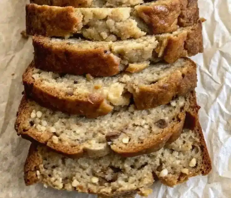 Loaf of perfect banana nut bread fresh out of the oven with nuts and slices