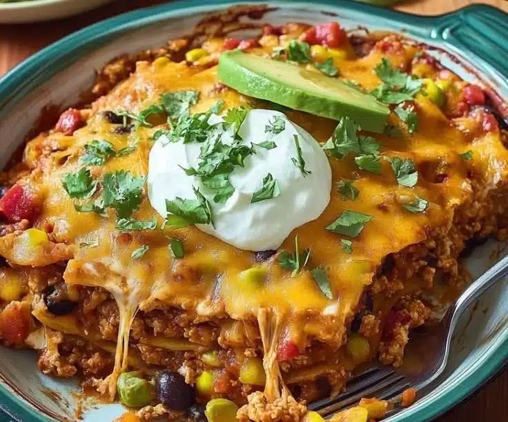 Cheesy Pioneer Woman taco casserole served in a vibrant dish.
