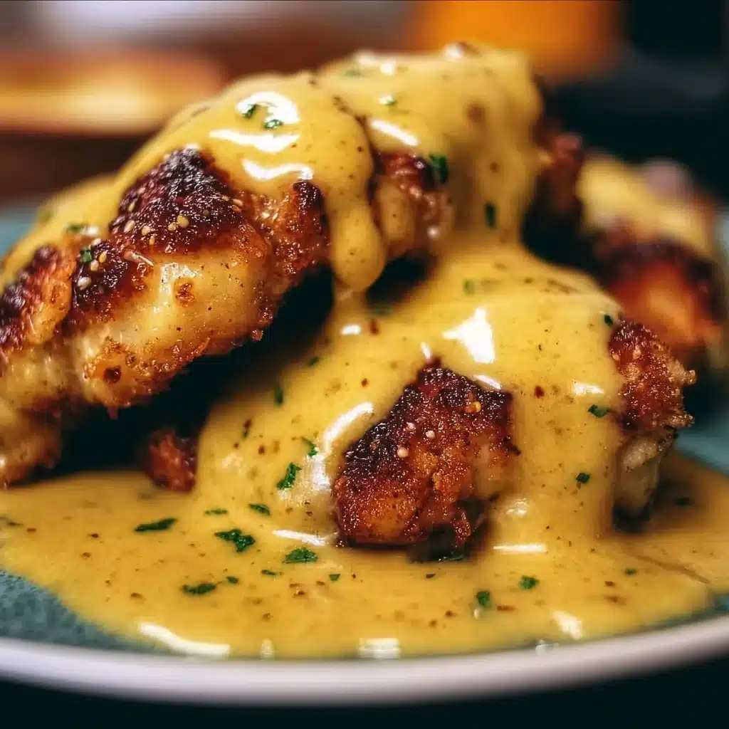 Pretzel Chicken with Mustard-Cheddar Sauce 3 Plate of Pretzel Chicken with Mustard-Cheddar Sauce and garnishes