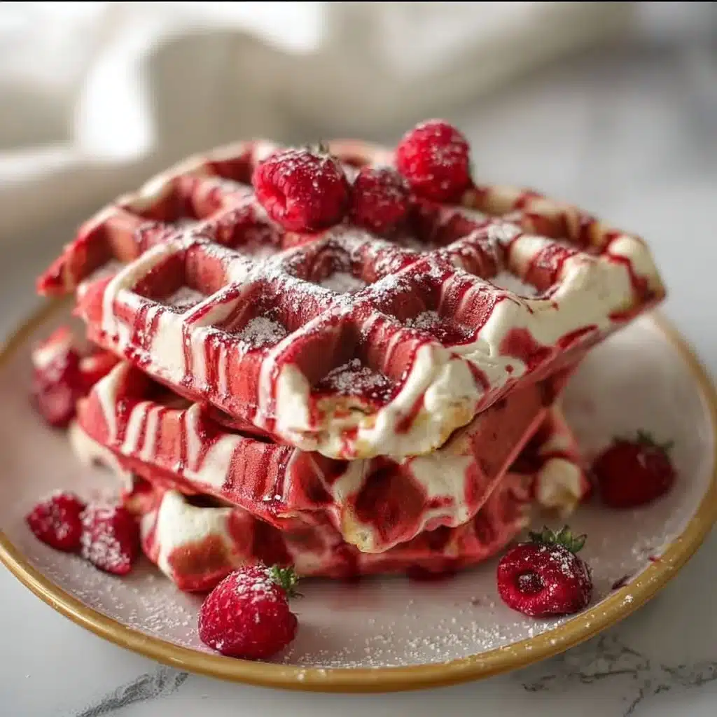 Delicious red velvet marble waffles topped with cream cheese frosting
