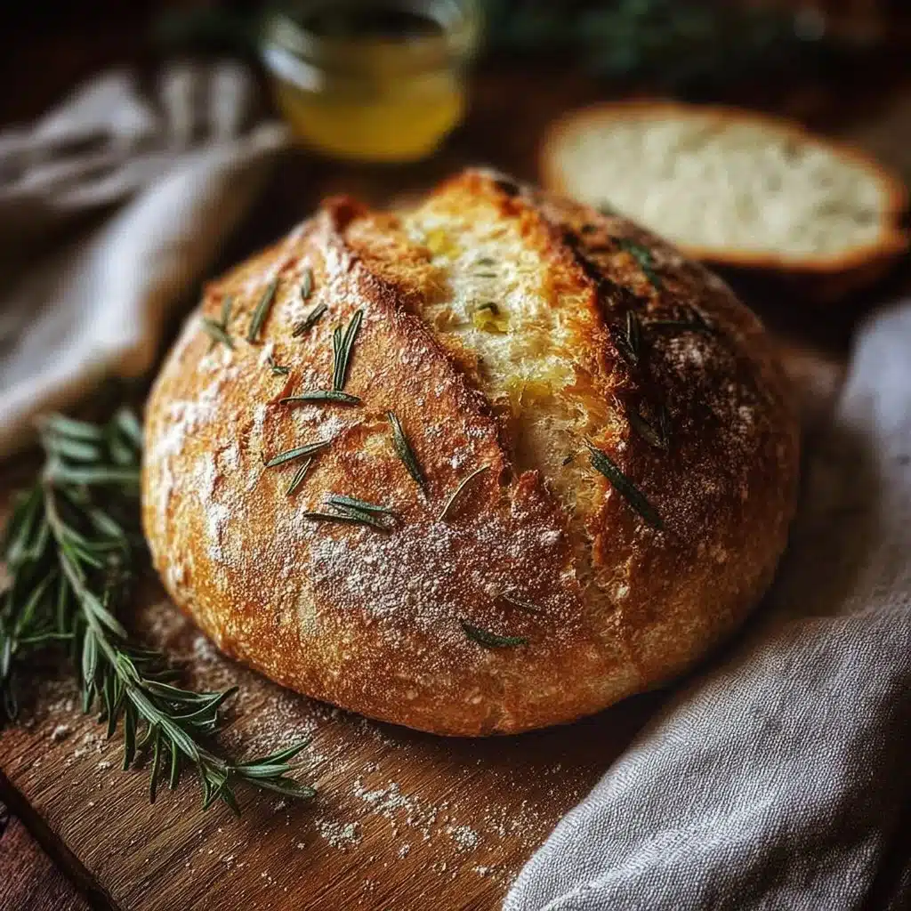 Rustic Garlic Rosemary Artisan Loaf 3 Freshly baked Garlic Rosemary Loaf on a wooden table