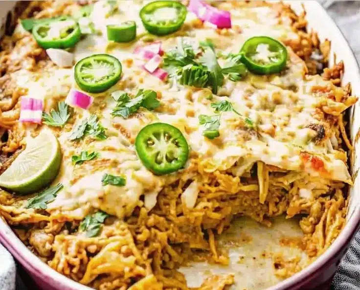 Salsa Verde Chicken Casserole 3 Salsa Verde Chicken Casserole topped with fresh herbs and cheese.