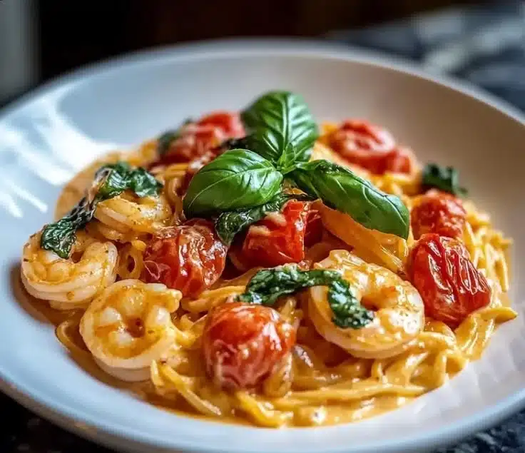 Delicious shrimp and creamy tomato basil pasta served in a bowl