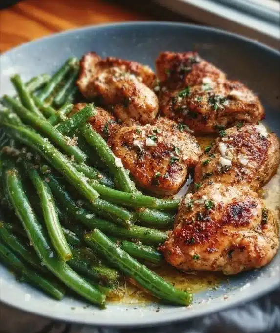 Skillet Garlic Butter Chicken and Green Beans 3 Delicious Skillet Garlic Butter Chicken served with fresh green beans.
