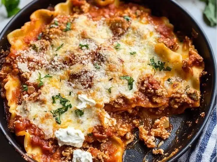 Delicious skillet lasagna cooked in a single pan, perfect for quick weeknight dinners.