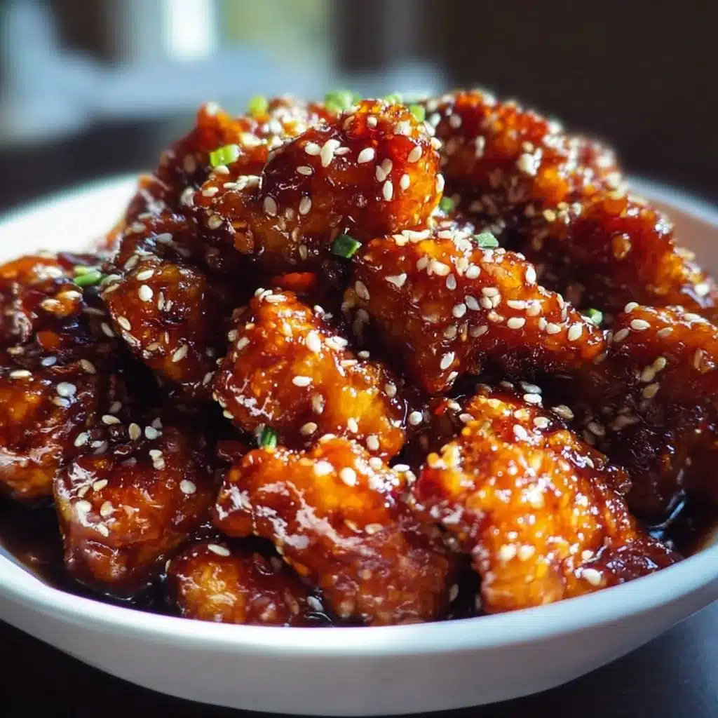Delicious Sticky Sesame Chicken garnished with sesame seeds and green onions
