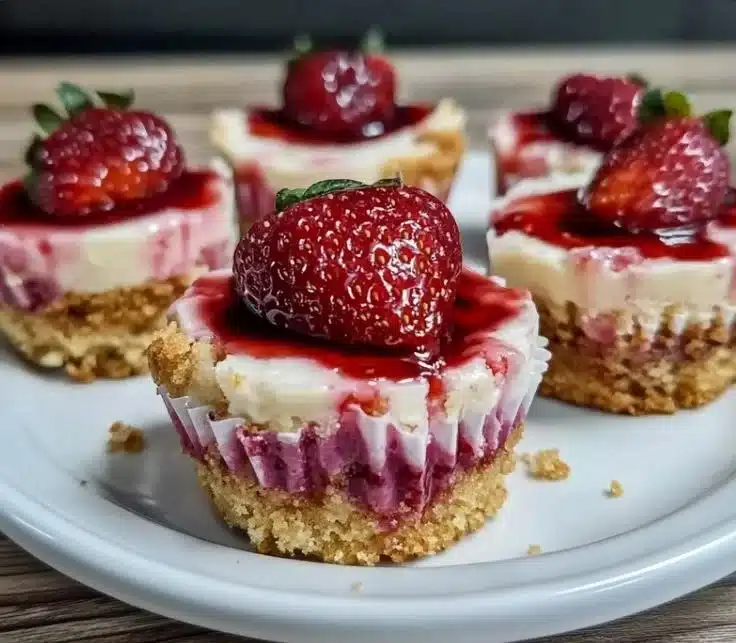Strawberry White Chocolate Cheesecake Cups 3 Strawberry White Chocolate Cheesecake Cups topped with fresh strawberries