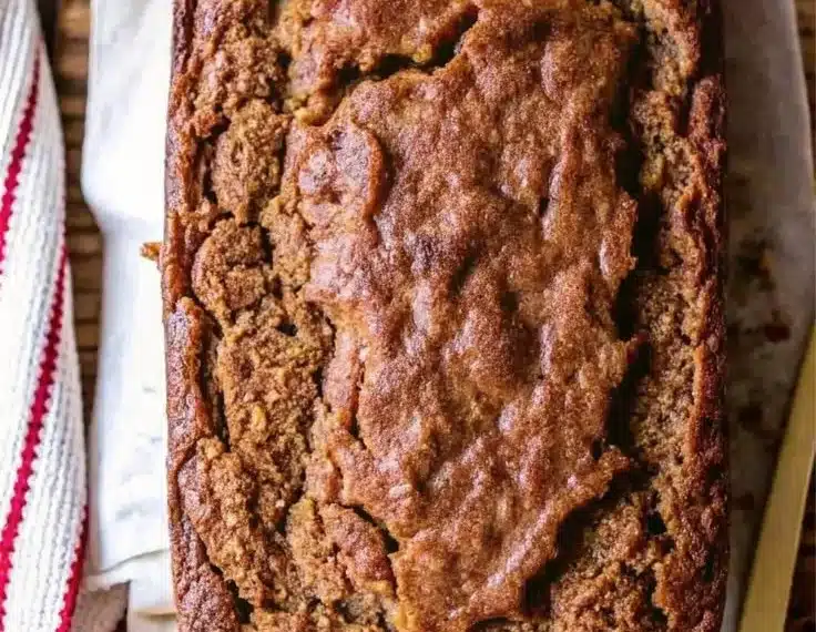 Slice of super moist sour cream banana bread on a wooden table