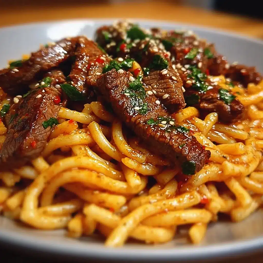 Sweet and Spicy Garlic Steak Pasta 3 Delicious Sweet and Spicy Garlic Steak Pasta garnished with herbs.
