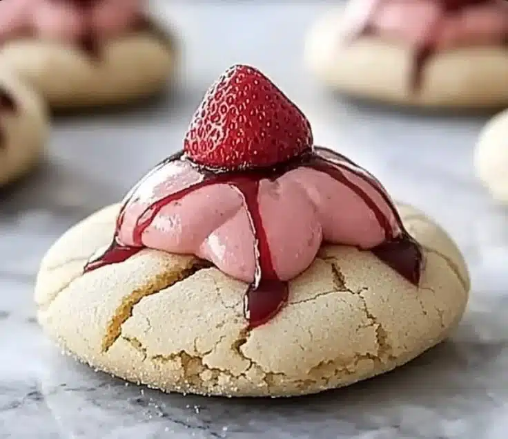 Freshly baked strawberry kiss cookies with a strawberry center.