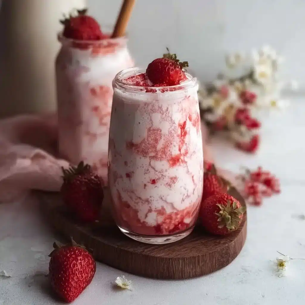 Glass of Vegan Korean Strawberry Milk with fresh strawberries
