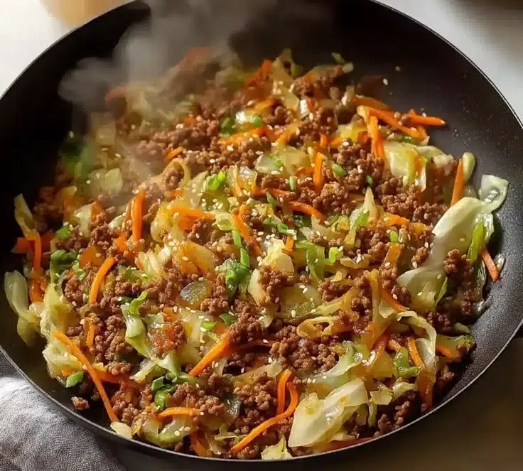 30-Minute ground beef stir fry with cabbage in a skillet