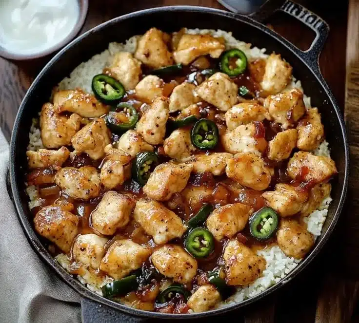 30-Minute Irresistible Jalapeno Chicken 3 Plate of 30-minute irresistible jalapeno chicken with fresh jalapenos and herbs.