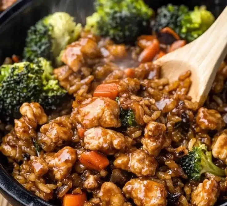 Delicious 30-Minute Teriyaki Chicken Rice Bowl topped with fresh vegetables