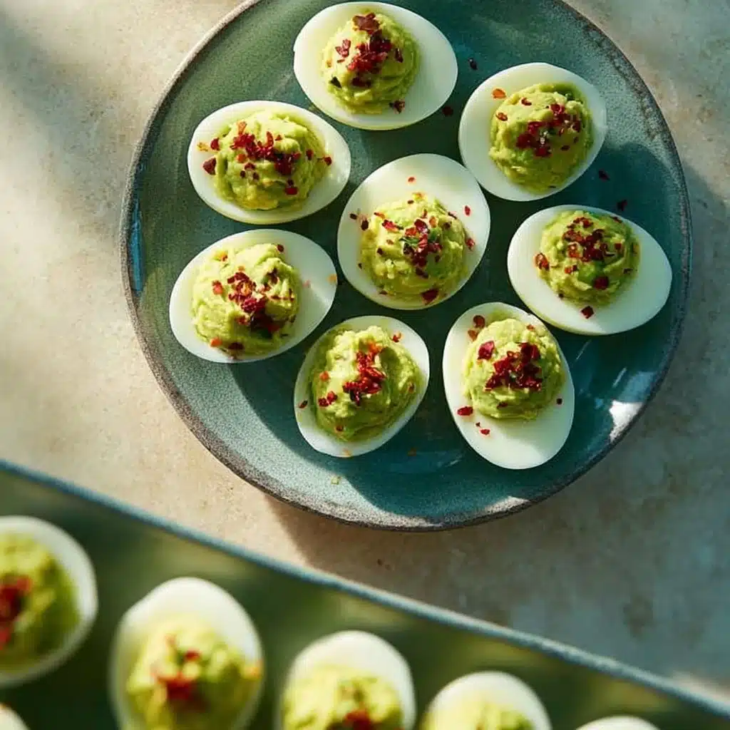 Avocado Deviled Eggs 3 Avocado deviled eggs garnished with spices on a serving plate