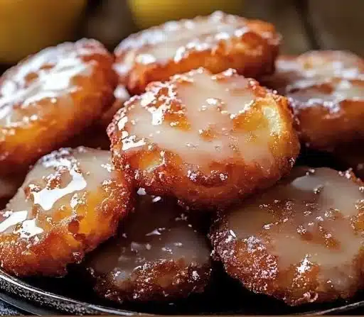 Baked apple fritters topped with glaze on a cooling rack