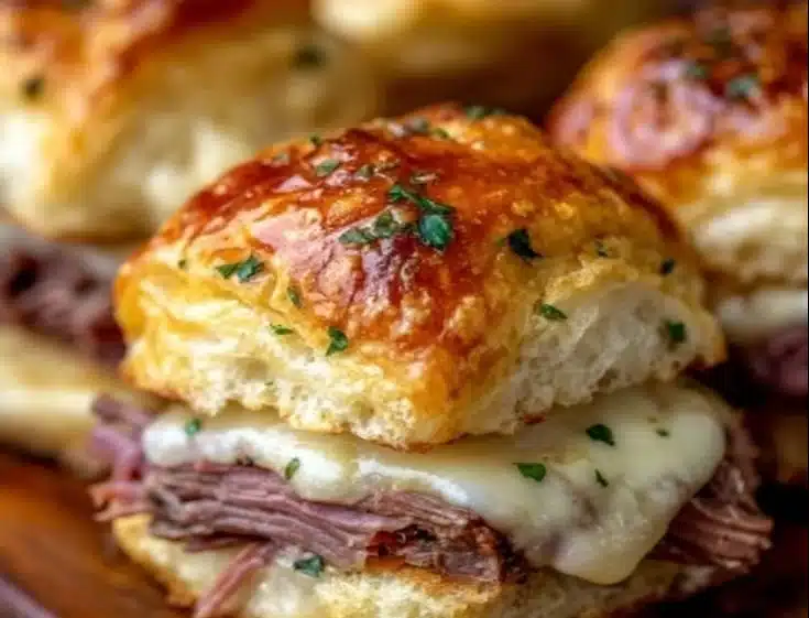 Plate of delicious baked French Dip Biscuits served with au jus