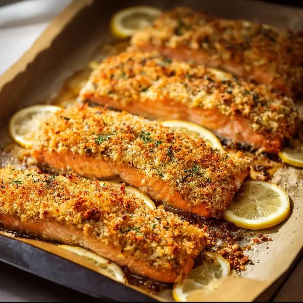 Baked Parmesan crusted salmon served with fresh herbs and lemon wedges.
