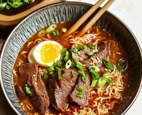 A bowl of delicious beef ramen noodle soup with fresh ingredients and herbs