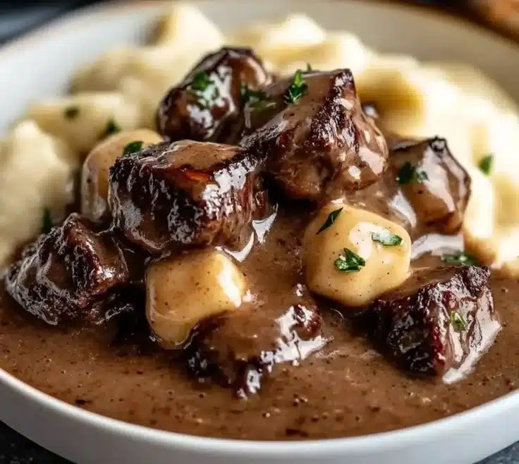 Delicious beef tips and gravy served over fluffy mashed potatoes