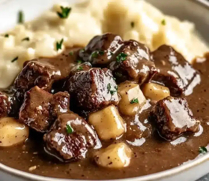 Comforting Beef Tips and Gravy Over Creamy Mashed Potatoes
