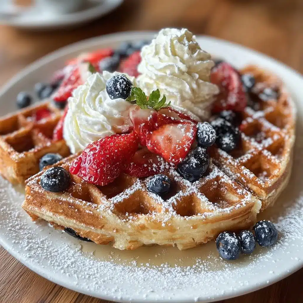 Belgian Waffles 3 Delicious Belgian waffles topped with fresh berries and whipped cream