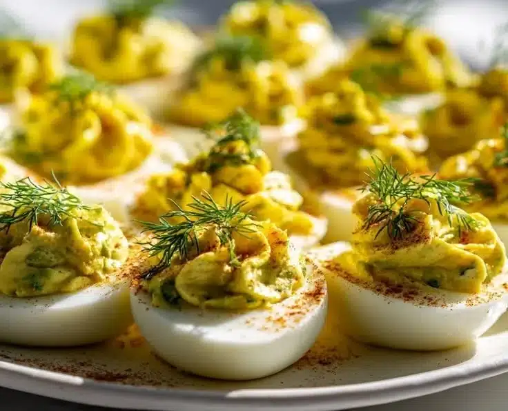 Delicious dill pickle deviled eggs garnished with dill and paprika