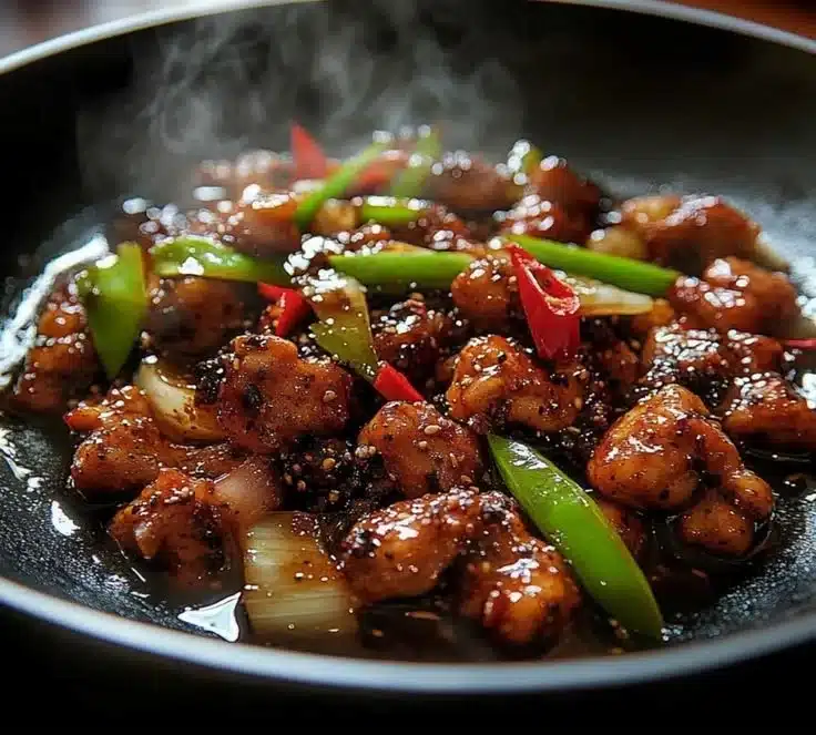 Delicious Black Pepper Chicken stir fry dish served on a plate