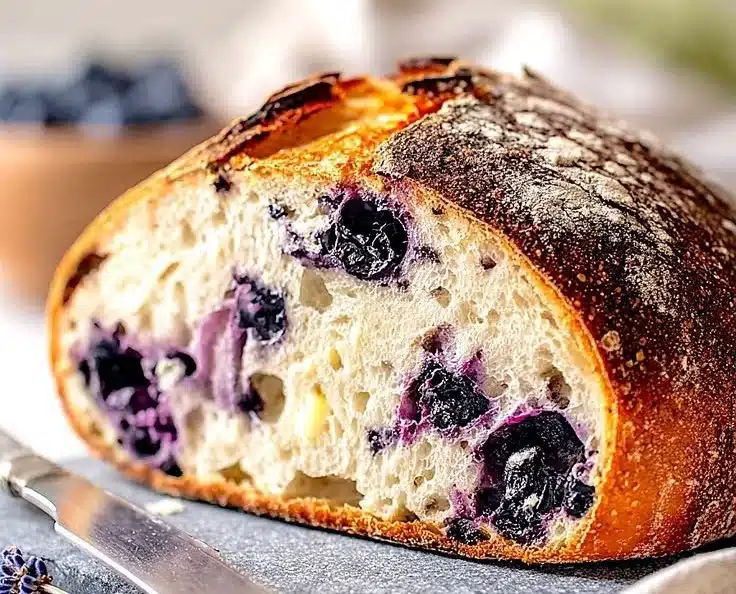 Delicious slice of blueberry cream cheese sourdough bread with blueberries on top