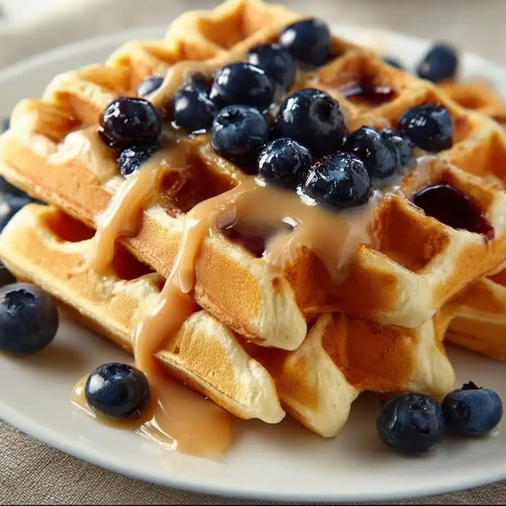 Delicious blueberry waffles topped with fresh blueberries and syrup