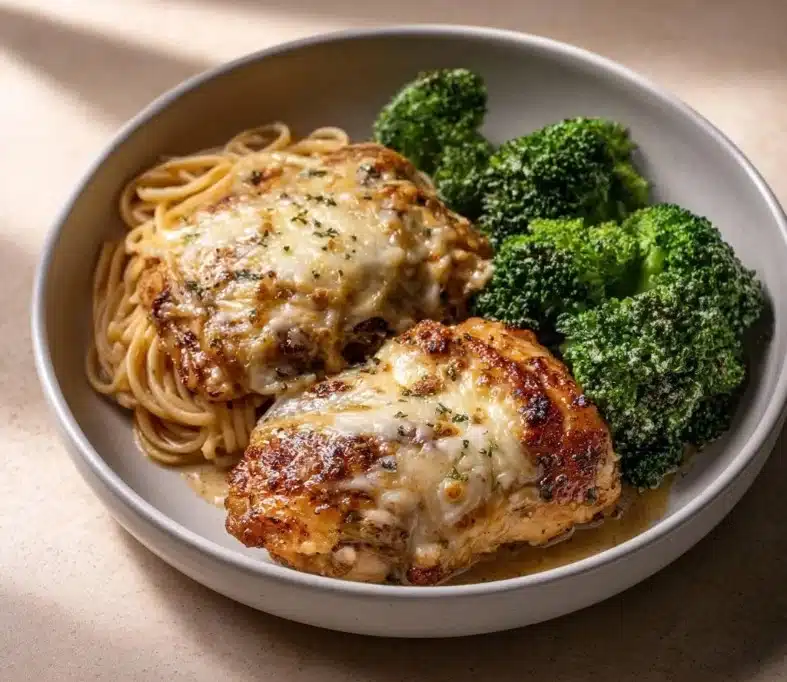 Delicious Broccoli Chicken Spaghetti pasta served with fresh ingredients