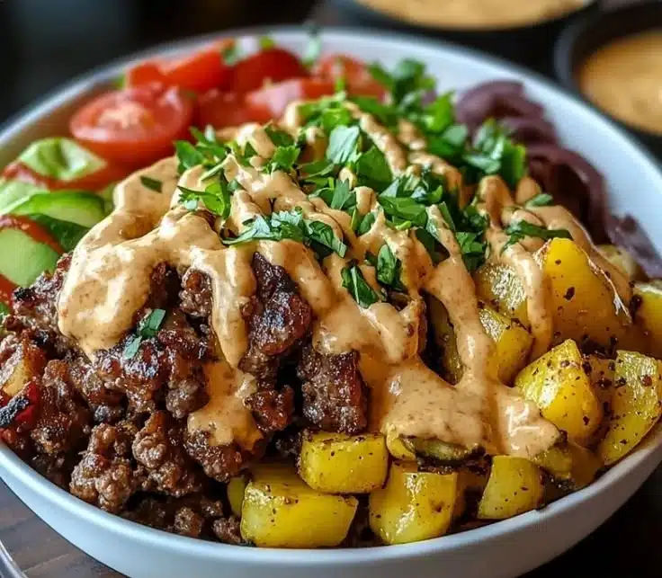 Healthy and delicious Burger Bowls served in a vibrant bowl with fresh ingredients