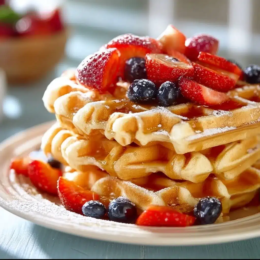 Fluffy buttermilk waffles served with syrup and berries on a plate.