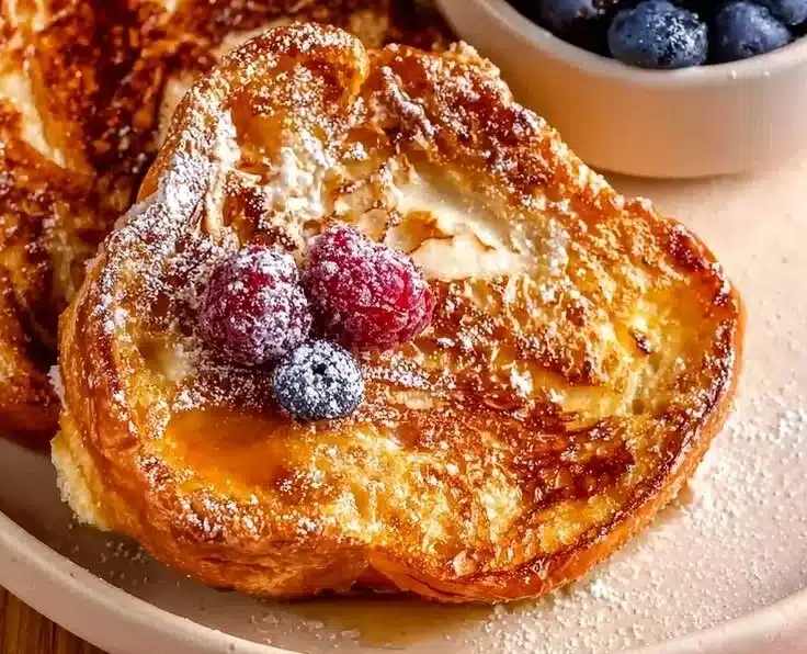 Delicious buttery croissant French toast topped with syrup and berries