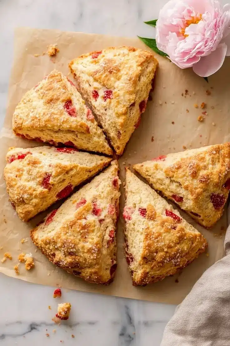 Freshly baked buttery strawberry scones on a rustic wooden table