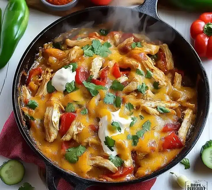 Cheesy Chicken Fajita Casserole topped with melted cheese and colorful peppers