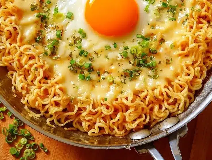 Bowl of cheesy egg ramen with melting cheese and a soft boiled egg on top.