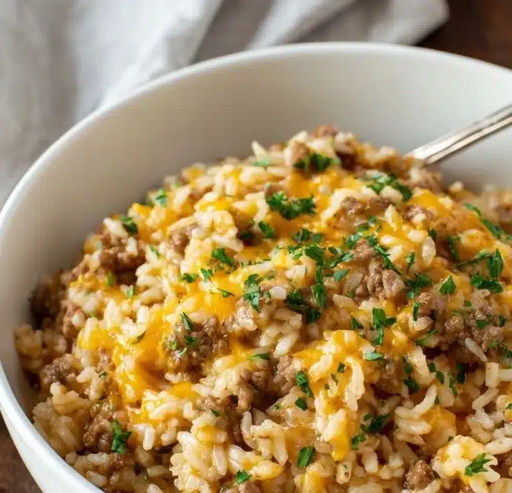 Cheesy ground beef and rice casserole in a baking dish