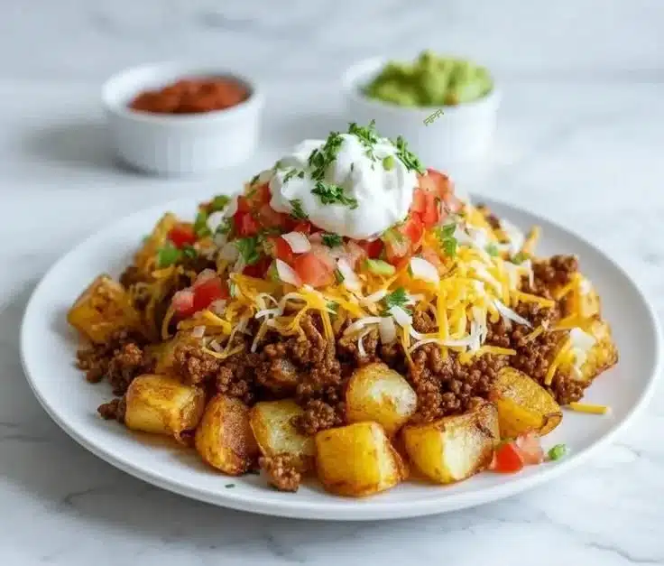 Delicious cheesy taco potatoes served on a plate.