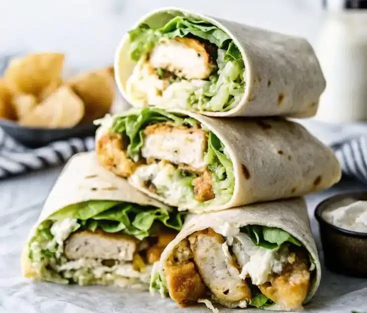 Chicken Caesar Wraps 3 Healthy Chicken Caesar Wraps filled with grilled chicken, lettuce, and Caesar dressing
