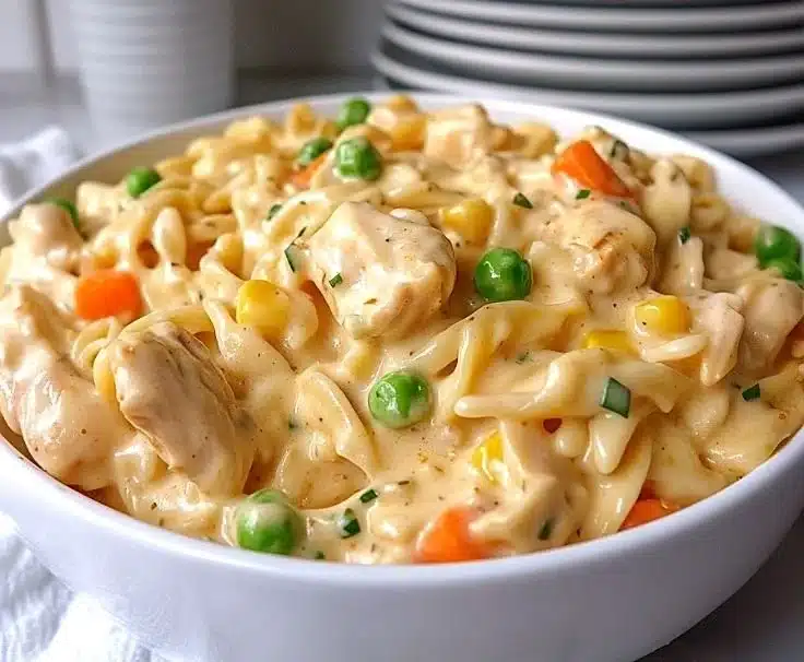 Delicious Classic Chicken Pot Pie Pasta served in a bowl