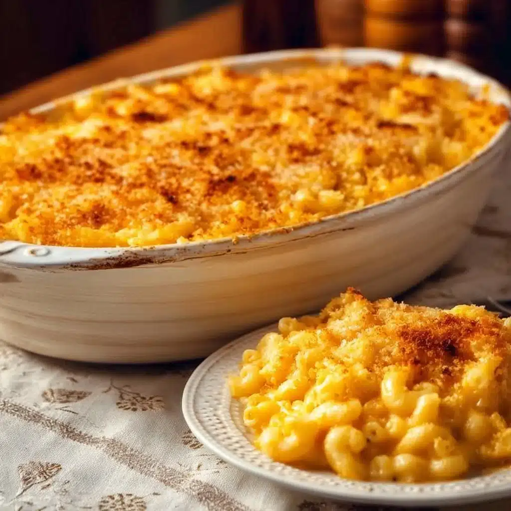 Bowl of creamy Classic Mac and Cheese topped with breadcrumbs