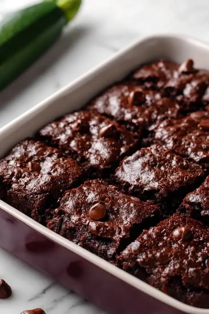 Delicious classic vegan zucchini brownies topped with chocolate.