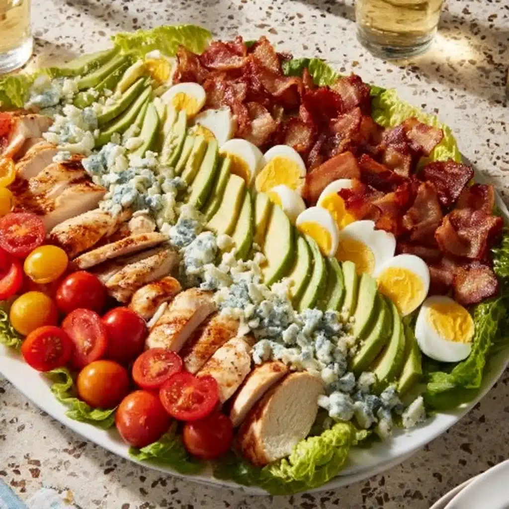 Colorful Cobb Salad with greens, eggs, avocado, and chicken on a plate.