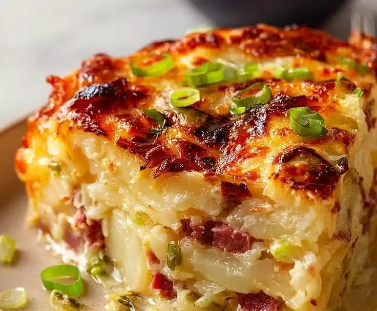 Delicious corned beef colcannon casserole topped with greens and cheese