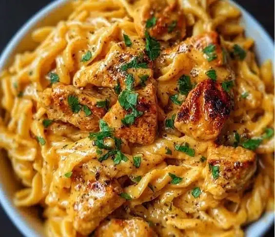 Cowboy Butter Chicken Pasta dish topped with herbs and spices