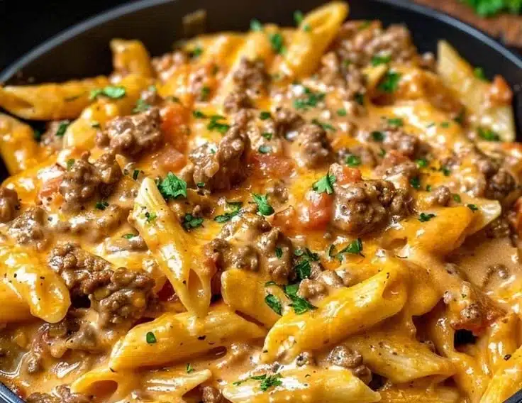 A bowl of creamy beef pasta topped with herbs and grated cheese