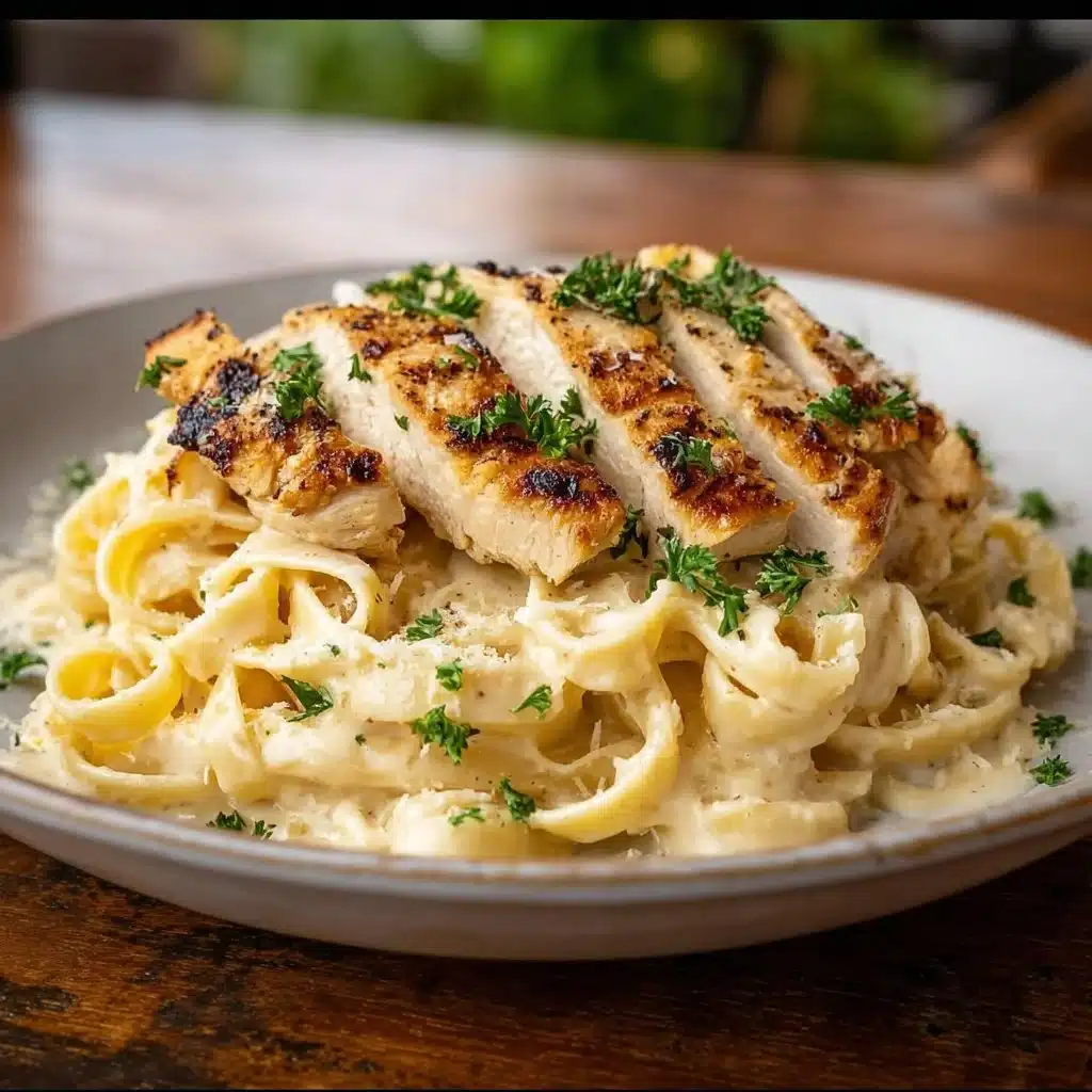 Plate of creamy chicken alfredo pasta with herbs and garnishes