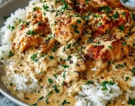 Creamy chicken and rice dish served in a bowl with herbs