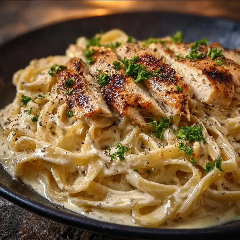 Creamy Chicken Fettuccine Alfredo served with parmesan cheese and herbs